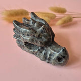 Edelsteen Yooperlite dragon skull carving, 8 cm, Moonlight Gemstones, gray speckled stone