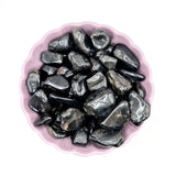 Crystal Black Onyx tumble stones, 30+ pieces, Moonlight Gemstones, in pink bowl, 3-4 cm