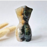 Moss agate woman figurine, hand-polished gemstone carving, 8 cm tall