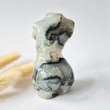 Moss agate woman figurine, 8 cm tall, hand-polished gemstone sculpture by Moonlight Gemstones.