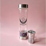 Glazen drinkfles met filter en extra filter, bergkristal edelsteen, Moonlight Gemstones, 400 ml