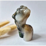 Moss agate woman figurine, 8 cm, hand-carved gemstone sculpture.