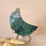 XL moss agate moon on stand with green druzy texture, Moonlight Gemstones