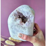 XL pink amethyst druzy geode freeform held in hand