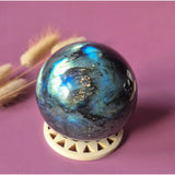 Labradorite sphere by Moonlight Gemstones, iridescent blue flash, polished 50–85mm