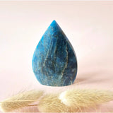 Moonlight Gemstones blue apatite teardrop standing gemstone, flame blue color