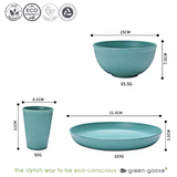green-goose Bioplastic Servies 28-piece teal dinnerware set with ribbed bowl, cup and shallow plate