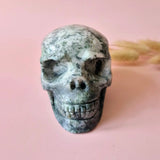 Moss agate skull sculpture; green/white veining, Moonlight Gemstones