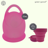 Green-goose silicone menstrual cup with holder and sterilizer, pink, 20 ml; 2-piece travel cup set included