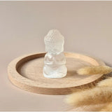 Moonlight Gemstones Edelsteen Seleniet Boeddha, 6 cm, helder wit op houten schijf