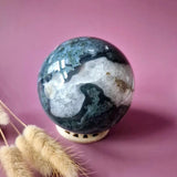 Moss agate druzy geode crystal sphere, 90mm, 1028g on display stand