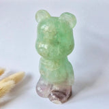 Moonlight Gemstones fluorite bear carving, green with pink base, 12 cm, 535 g