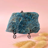 XXL blue apatite slab on stand, Moonlight Gemstones, 183g, turquoise crystal on pink backdrop