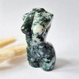 Moss agate carved female figurine in green and white, by Moonlight Gemstones, hand-polished, 8 cm.
