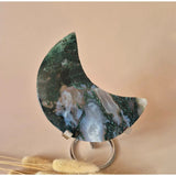 Moonlight Gemstones XL edelsteen mosagaat maan op standaard, groene druzy patronen
