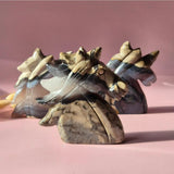 Volcano agate unicorn carvings, 3-piece UV-reactive set with beige and dark banding