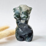 Moss agate female statue, 8 cm tall, hand-polished gemstone carving