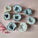 9 Mexicaanse Agaat Druzy Geodes; ruwe buitenkant, open kristallencentra in grijs-wit