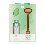 Two-piece green-goose Wellness Gift Set with Aloe Vera shower gel and wooden massage roller