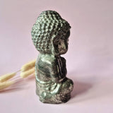 Pyriet Buddha-beeld, Moonlight Gemstones, 15 cm, gouden edelsteen afwerking