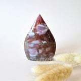 Ocean Jasper druzy drop-shaped standing crystal, purple-pink with white veining, 9x6 cm, 219 g