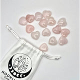 Mini Hart rose quartz heart-shaped worry stones, Moonlight Gemstones, with white drawstring pouch