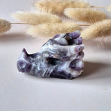 Amethyst dragon skull carving, 5 cm, purple and white crystal sculpture