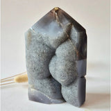 Druzy agate tower geode from Uruguay, gray with sparkling interior crystals, 643 g