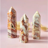 Edelsteen Mexicaanse Crazy Lace Agaat Toren, 3 kleurrijke agaattorens (7–9 cm) in aardende tinten — Moonlight Gemstones
