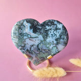 XL hartvormige edelsteen druzy mosagaat op metalen standaard, blauwgroene patroon, Moonlight Gemstones