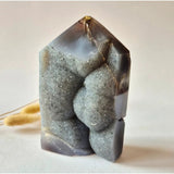 Druzy agate tower from Uruguay, gray druzy crystals, natural geode gemstone, 643 g