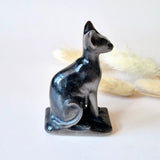 Silver obsidian cat statue, sphinx carving, 8 cm tall, Moonlight Gemstones