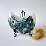 Moonlight Gemstones moss agate moon on stand with druzy patterns and green-blue matrix, 297g