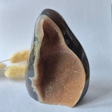 Druzy Agaat geode uit Uruguay, 791 g, Moonlight Gemstones, donkere buitenkant en bruine druzy binnenkant