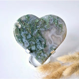 Moss agate druzy heart gemstone on metal stand; large, Moonlight Gemstones, #59, 205g