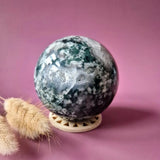 Moss agate druzy geode crystal sphere, 87mm, 932g, Moonlight Gemstones on a wooden stand