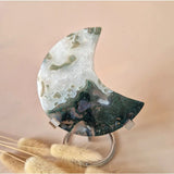 XL mosagaat maan op standaard (183g) met groene en witte druzy patronen, Moonlight Gemstones