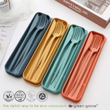 green-goose Bioplastic cutlery set, 28-piece, in four colorful trays (blue, yellow, teal, coral)