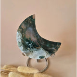 Moss agate crescent moon on stand by Moonlight Gemstones, XL, green and white druzy patterns, polished face, 150g