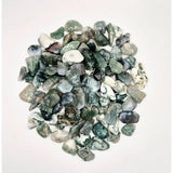 Moss agate chips, 1–3 cm, Moonlight Gemstones; green and white tumbled stones in a loose pile (100 g)