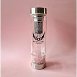 Glazen drinkfles met filter en roze rozenkwarts kristallen bodem; Moonlight Gemstones, 400 ml