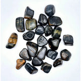 Falcons Eye tumbled stones by Moonlight Gemstones, 2.5–3.5 cm, blue-gray with golden banding, about 20 pieces