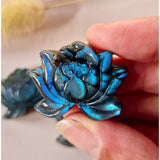 Labradorite lotus gemstone carving with vivid blue flash, 3 cm, Moonlight Gemstones