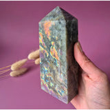 XL Labradorite tower with rainbow flash, purple and orange hues