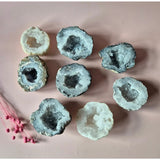 Mexican agate druzy geodes, set of 9 pieces with blue-gray crystal interiors