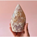 Druzy Roze Amethyst freeform palm stone by Moonlight Gemstones; pink-purple druzy with white inclusions