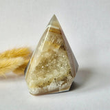 Druzy gray agate standing crystal with quartz interior, Moonlight Gemstones #31, 314g