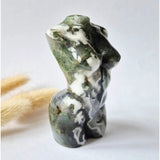 Moss agate female torso statue, 8 cm, hand-polished gemstone carving with green and white swirls