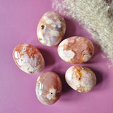 Cherry Blossom Agate handstones by Moonlight Gemstones - pink peach palmstones with white veining, set of 6