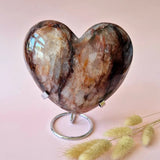 Fire quartz heart XXL by Moonlight Gemstones, hematite-included quartz, 1500g on metal stand